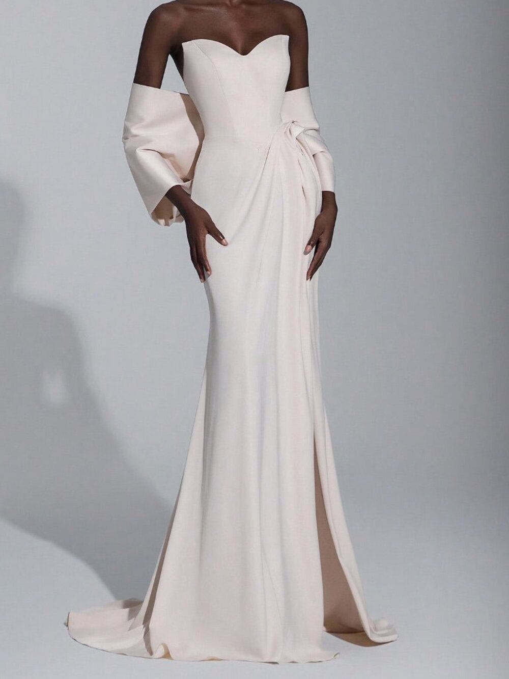 Apricot Elegant Women's Satin Strapless V-Neck High Slit Shawl - Picture 7 of 7